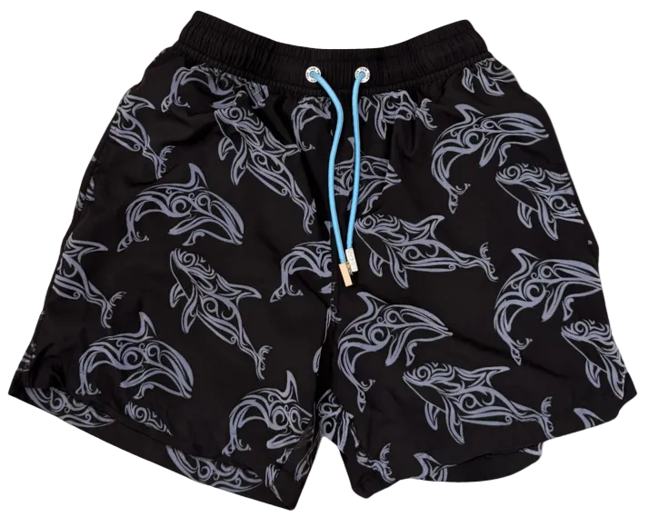 Black shorts with gray patterns on a light gray background