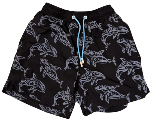 Black shorts with gray patterns on a light gray background